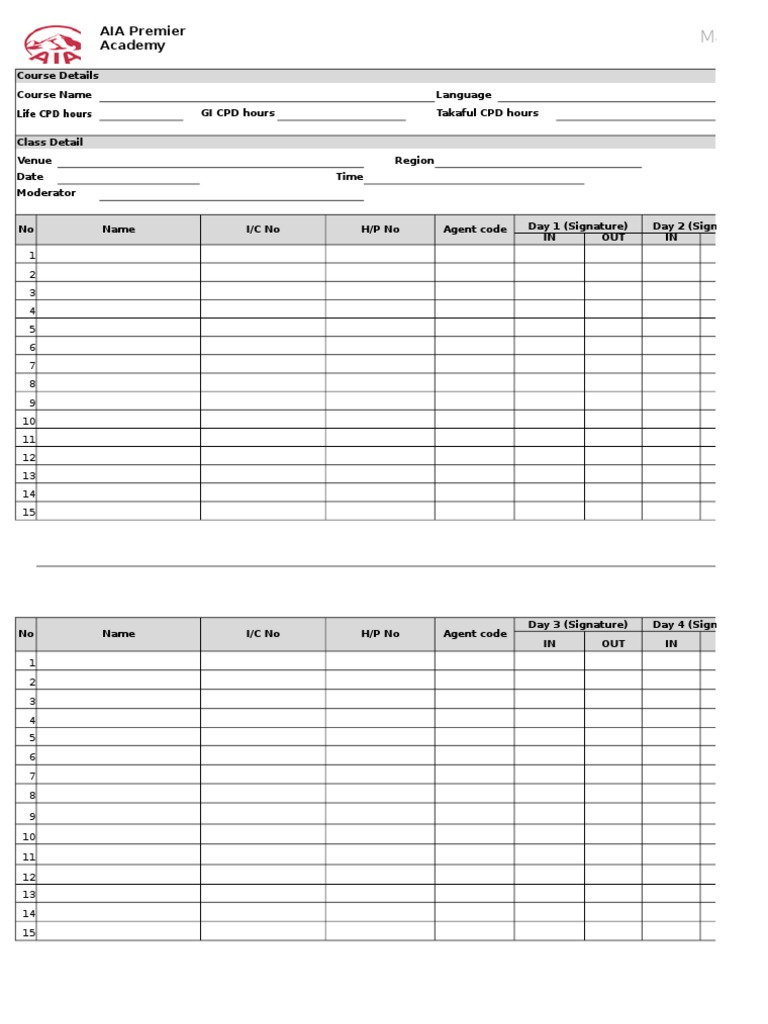 AIA Premier Academy Training Manual A: Attendance Records and Sign-In ...