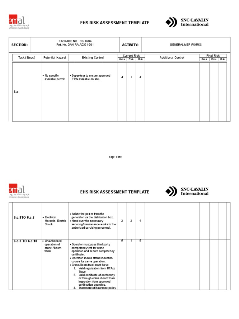 EHS Risk Assessment for MEP Works | PDF | Electrician | Personal ...