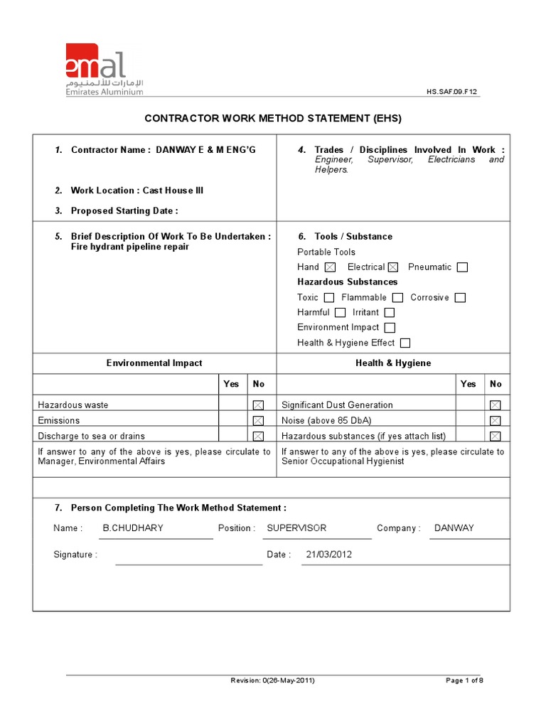 Contractor Work Method Statement For Fire Hydrant Pipe Reprair