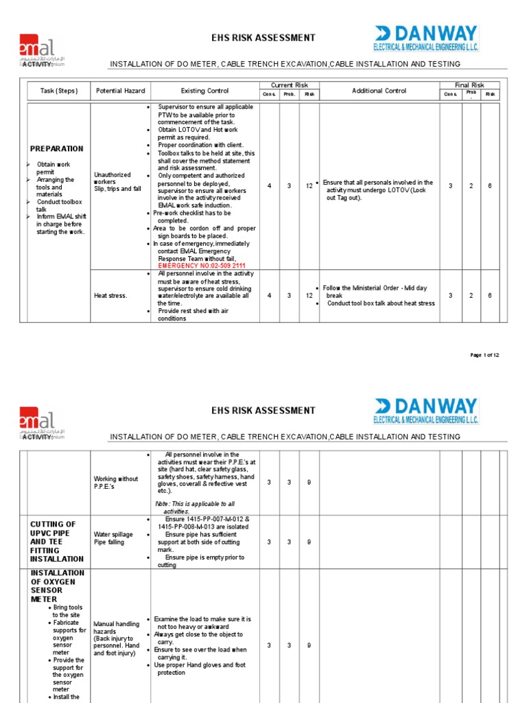 EHS Risk Assessment for Cable Installation | PDF | Personal Protective ...