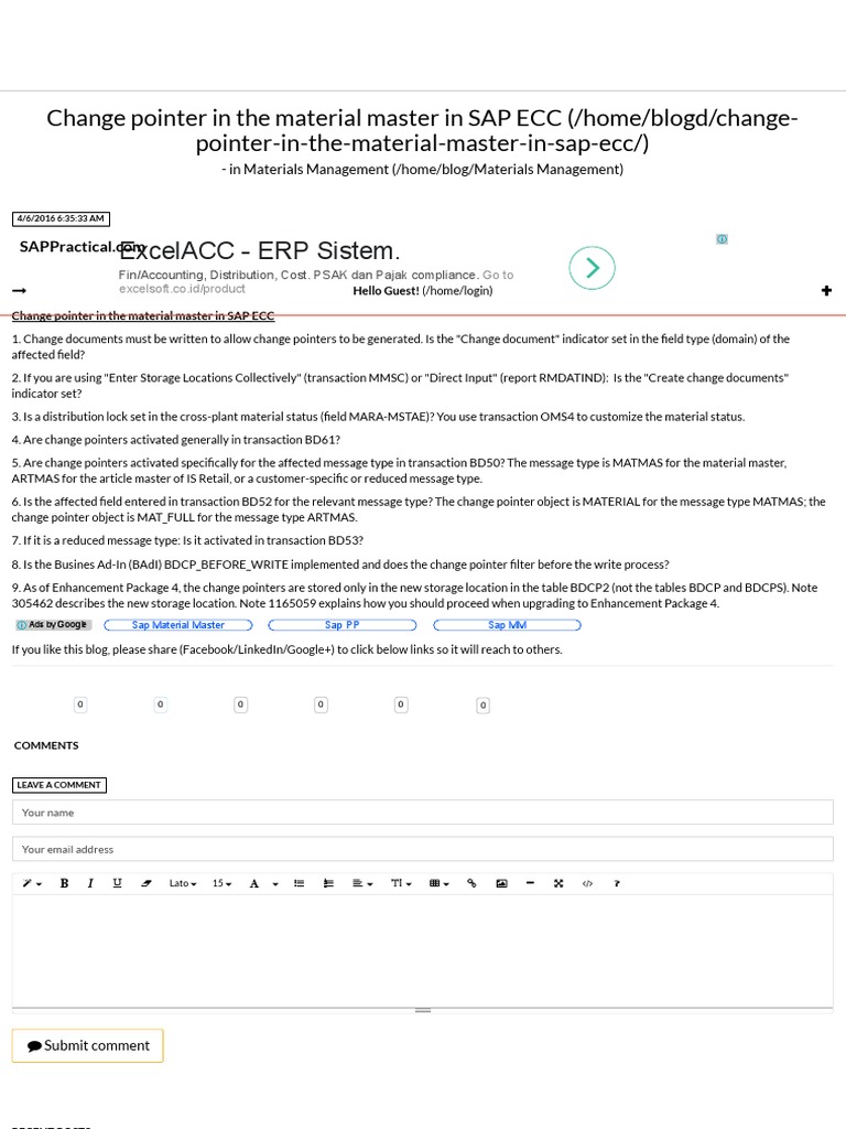 Change Pointer in The Material Master in SAP ECC PDF Business