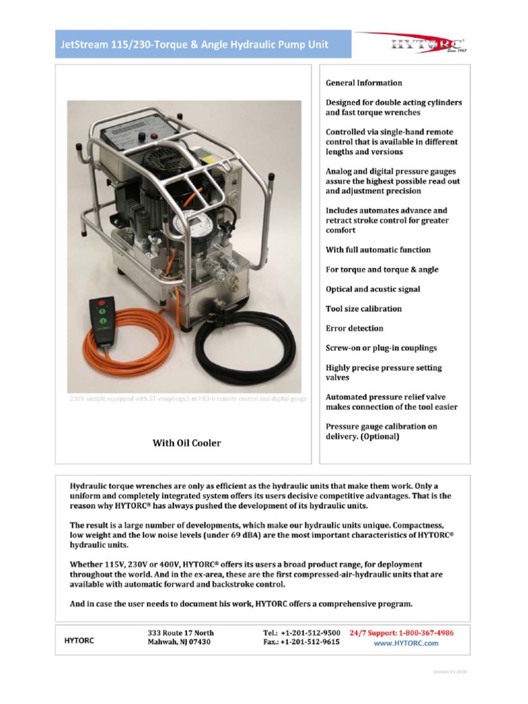 HYTORC Hydraulic Pump Unit JetStream115 230 Torque Angle Pump Unit