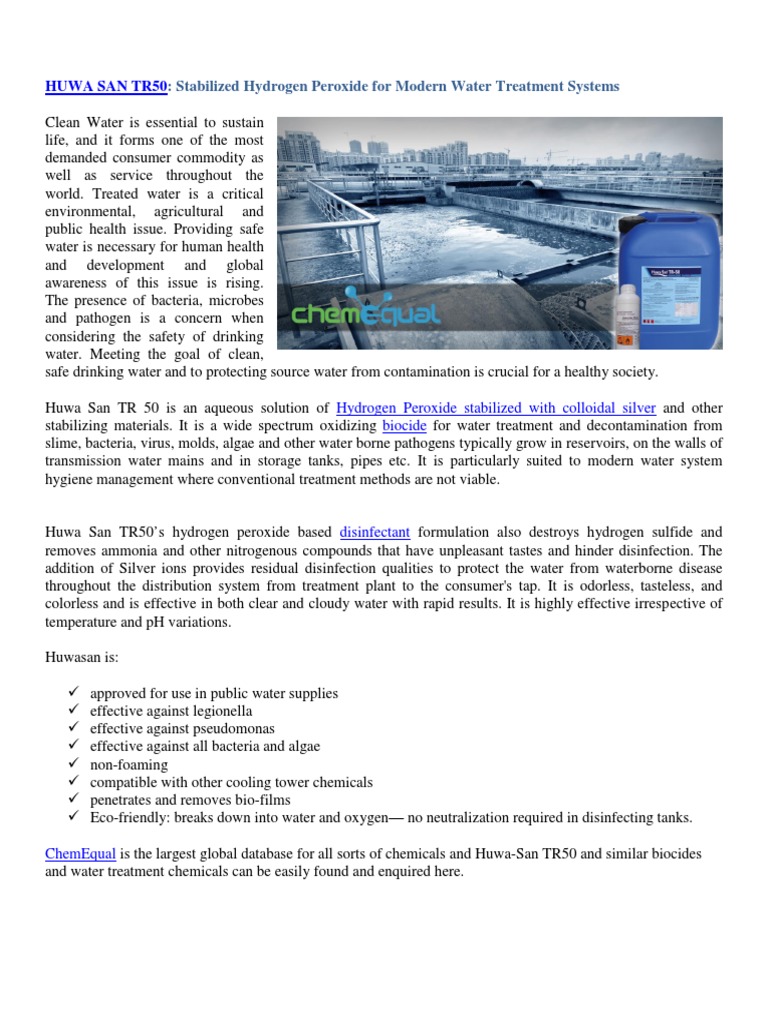 HUWA SAN TR50 Stabilized Hydrogen Peroxide for Modern Water Treatment Systems ChemEqual