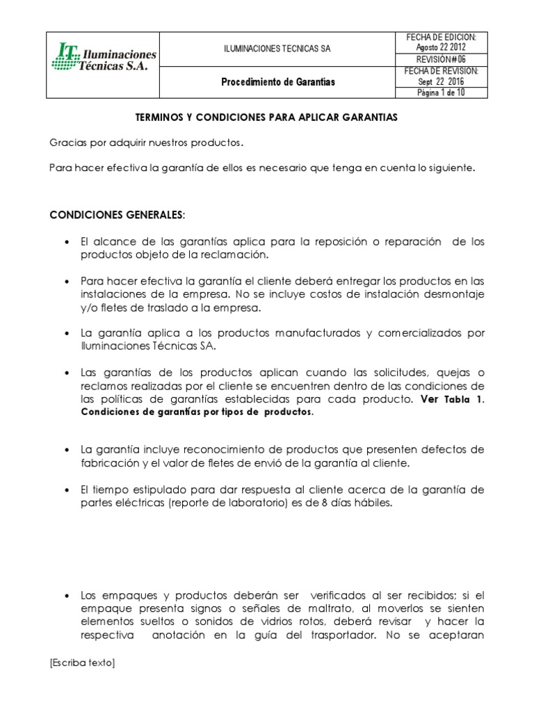 Carta de Garantias V6  PDF  Aluminio  Diodo emisor de luz