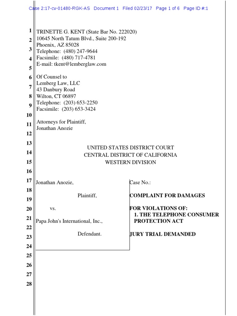 Papa John's Lawsuit PDF Complaint Lawsuit