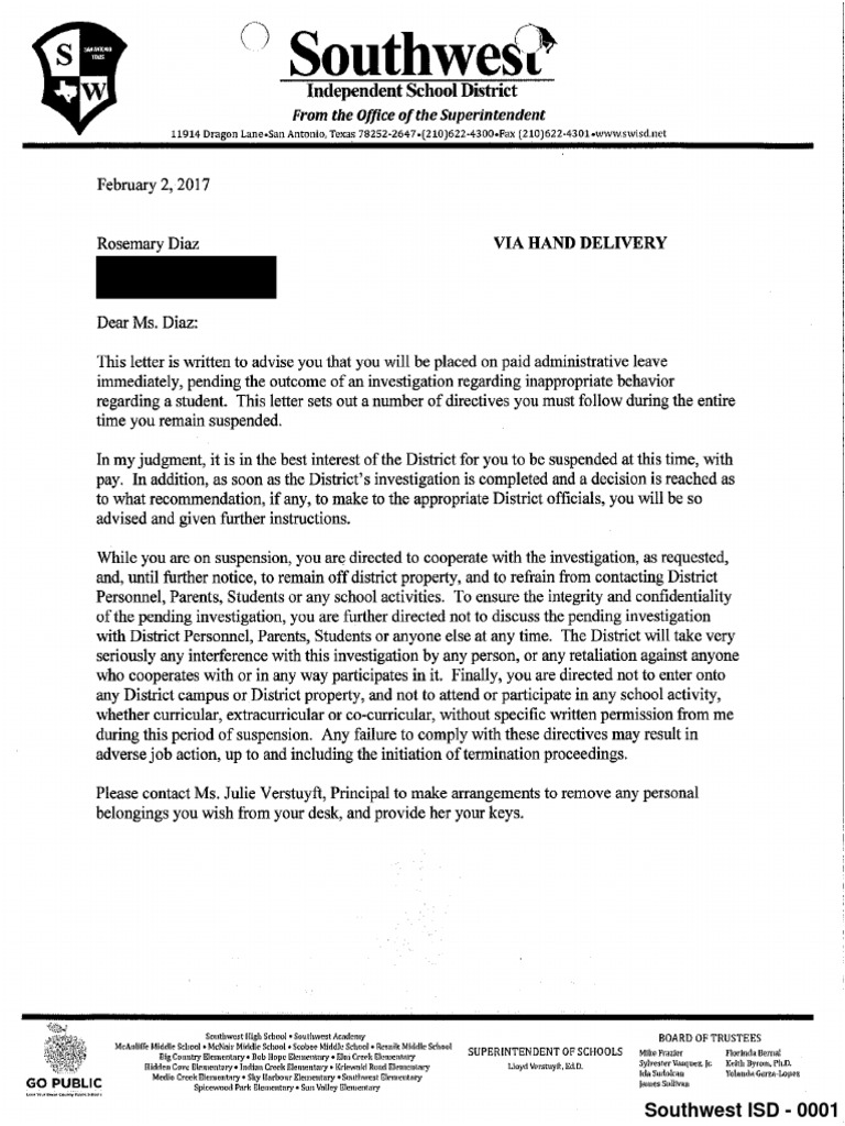 Southwest ISD Teacher Administrative Leave Letter PDF