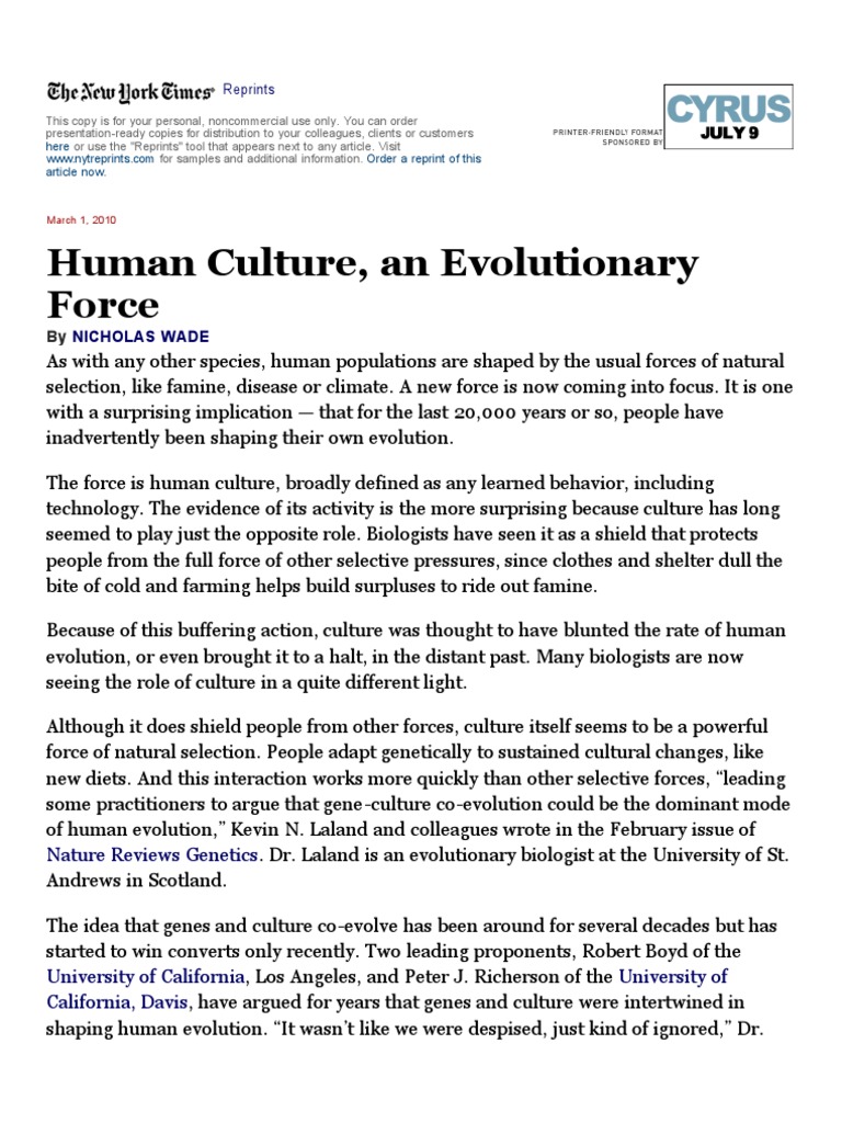 Human Culture as Evolutionary Force | PDF | Evolution | Natural Selection