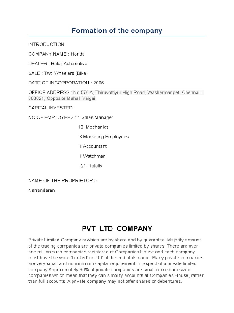 Honda Balaji Automotive Company Formation | PDF | Partnership | Goal