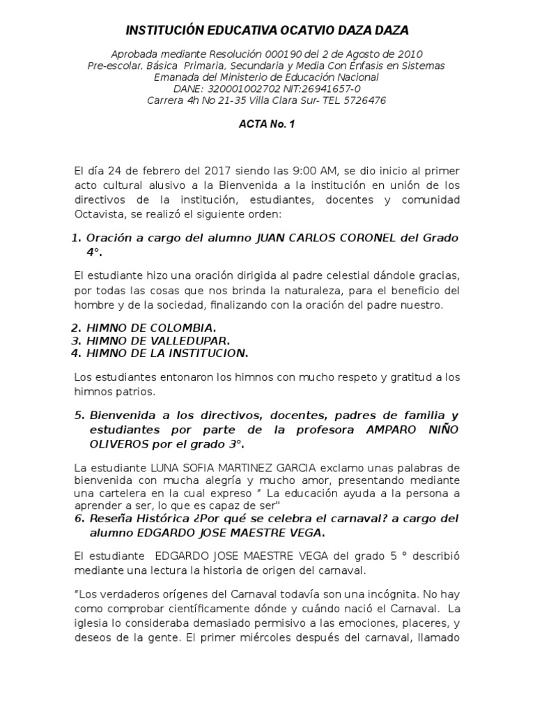 ACTA No 1 Acto Civico 1  Carnaval  Jardín de infancia  Prueba