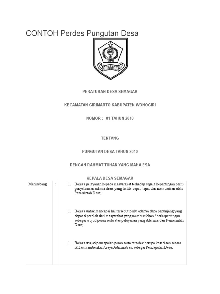 Perdes Pungutan Desa Semagar 2010 | PDF