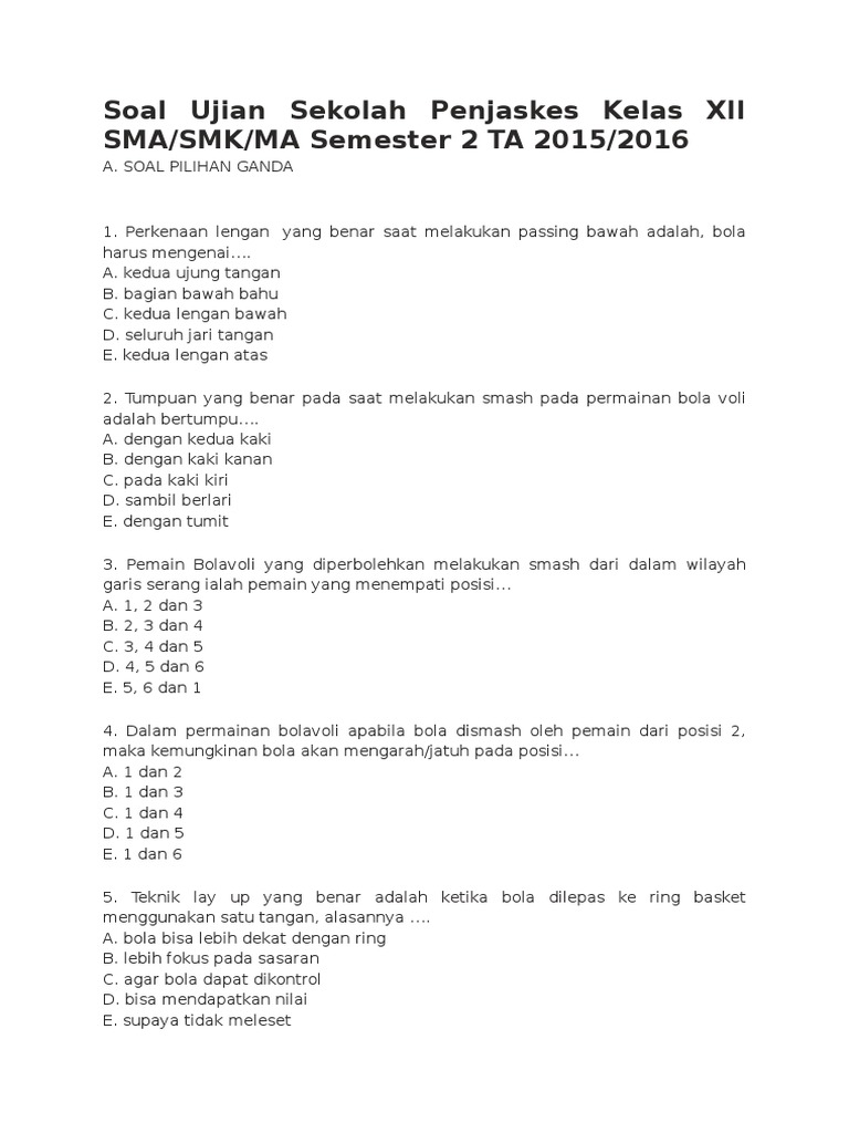 Contoh Soal Dan Jawaban Usbn Penjaskes Kelas Xii Sma Smk