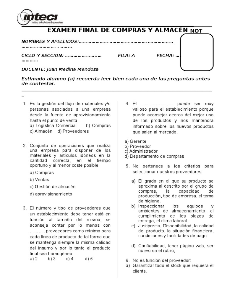 Examen Final de Compras y Almacen | PDF | Calidad (comercial) | Logística