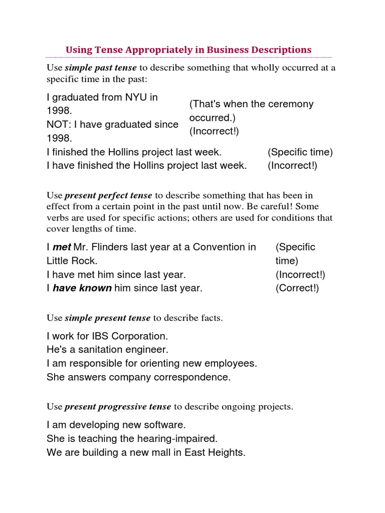 Using Tense Appropriately in Business Descriptions | PDF