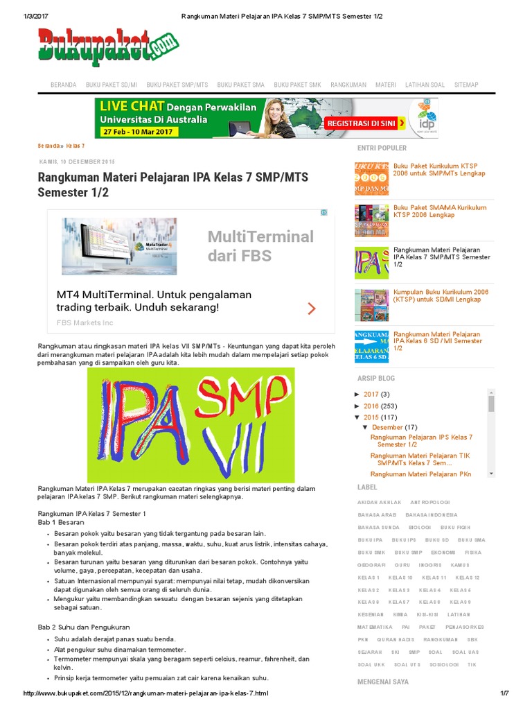 Rangkuman Materi Pelajaran IPA Kelas 7 SMP MTS Semester 1 2