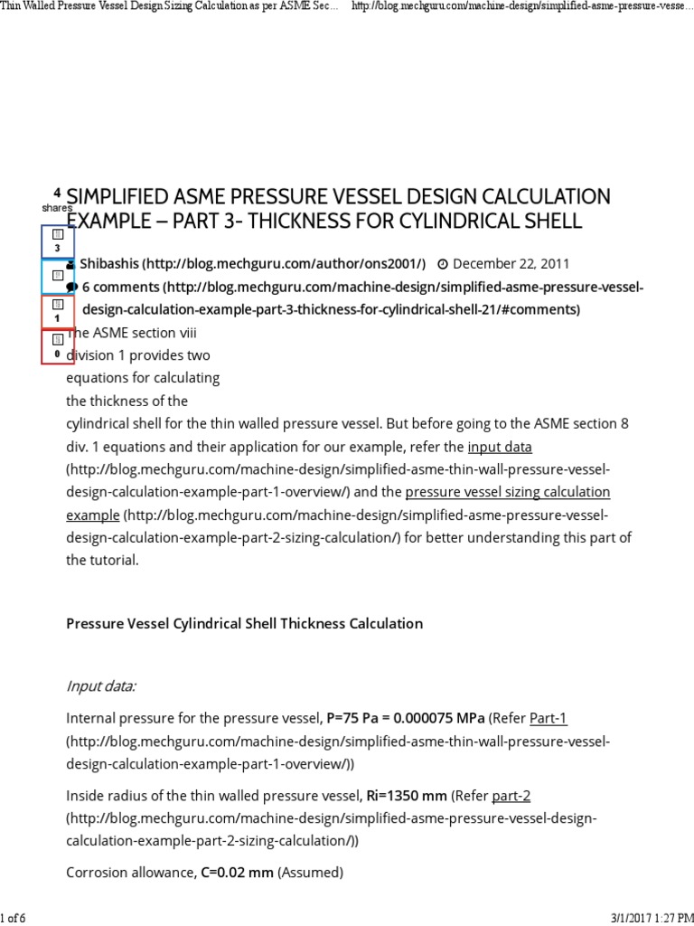 Thin Walled Pressure Vessel Design Sizing Calculation As Per ASME