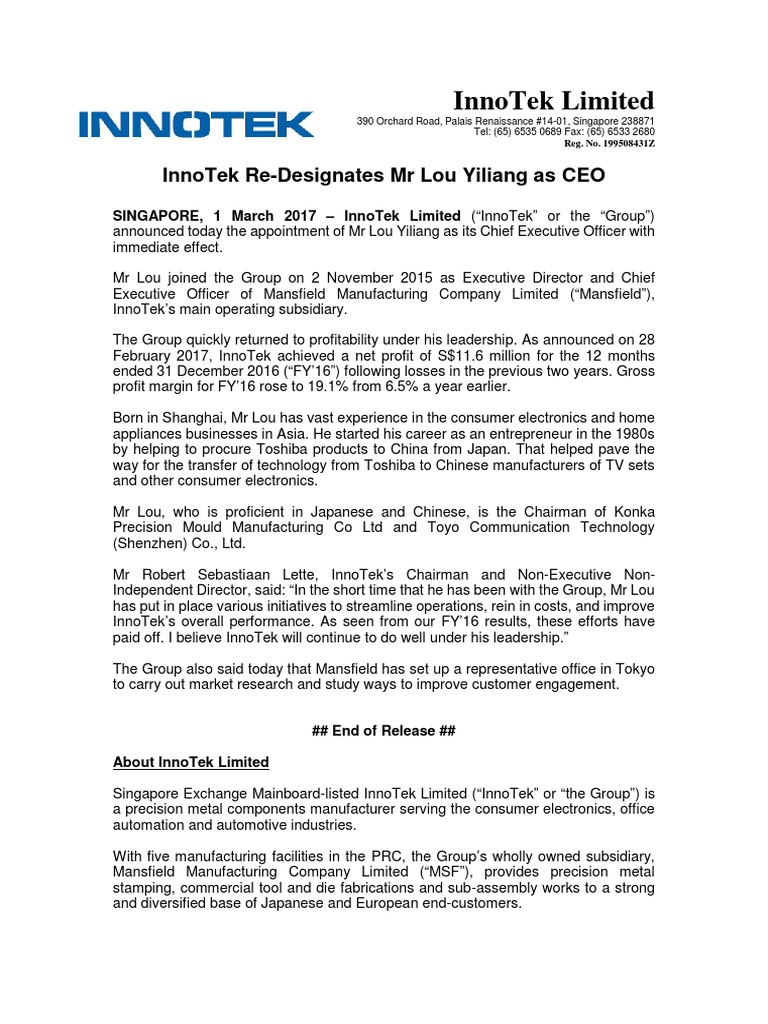 InnoTek Names Lou Yiliang as CEO | PDF | Business | Economies