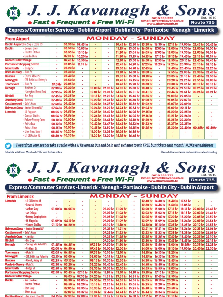 Latest JJ Kavanagh Limerick To Dublin Bus Timetable PDF Dublin