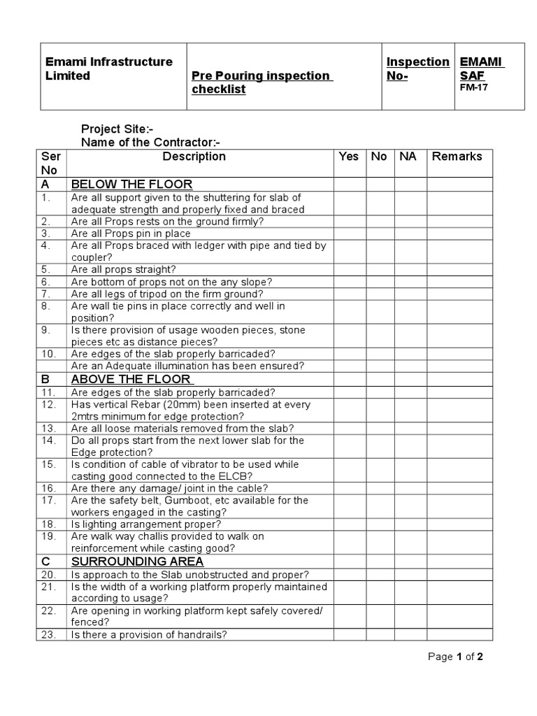 Pre Pouring Inspection Checklist | Industries | Civil Engineering