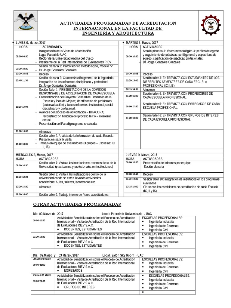 Cronogramas de Actividades de La Visita RIEV | PDF | Maestros | Ciencia ...