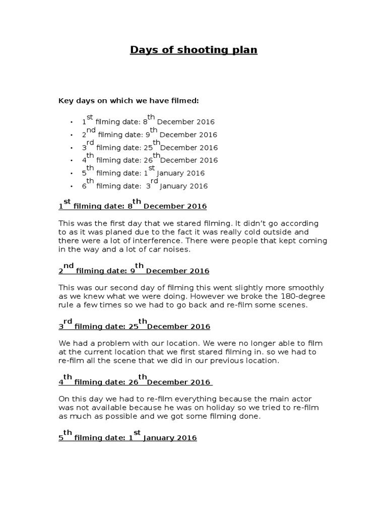 Days of Shooting Plan: Key Days On Which We Have Filmed | PDF | Home ...