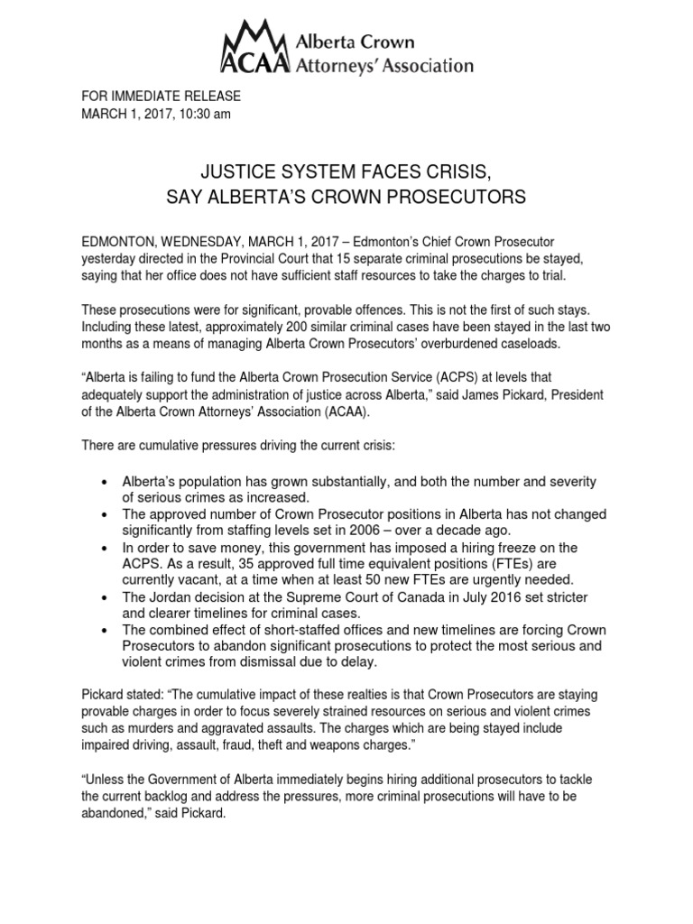 Alberta Crown Attorneys' Association On Stayed Cases PDF Prosecutor