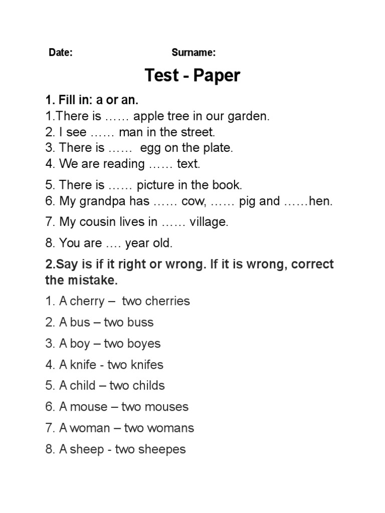 Test - Paper: 1. Fill In: A or An | PDF | Foreign Language Studies ...