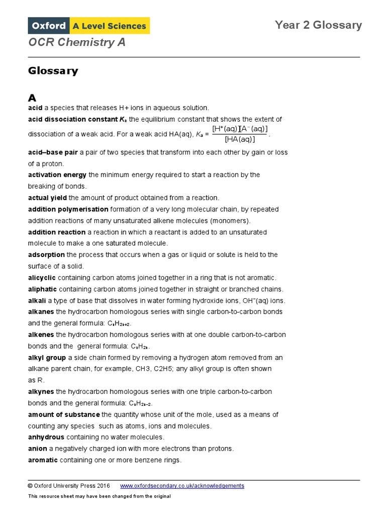 OCR Chemistry A Level Y2 Glossary PDF Chemical Bond Chemical Reactions