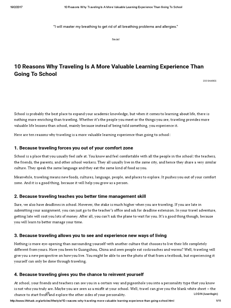 Traveling vs. School: 10 Learning Benefits | PDF | Language Education ...