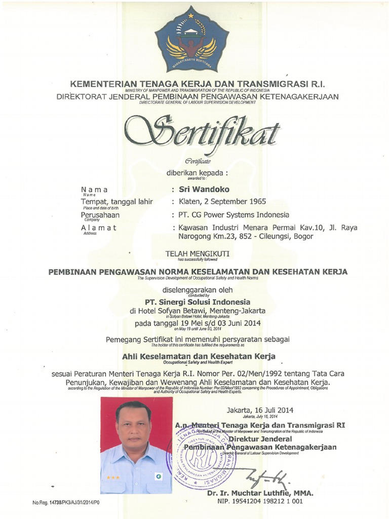 Sertifikat Ahli K3 Umum Sri Wandoko