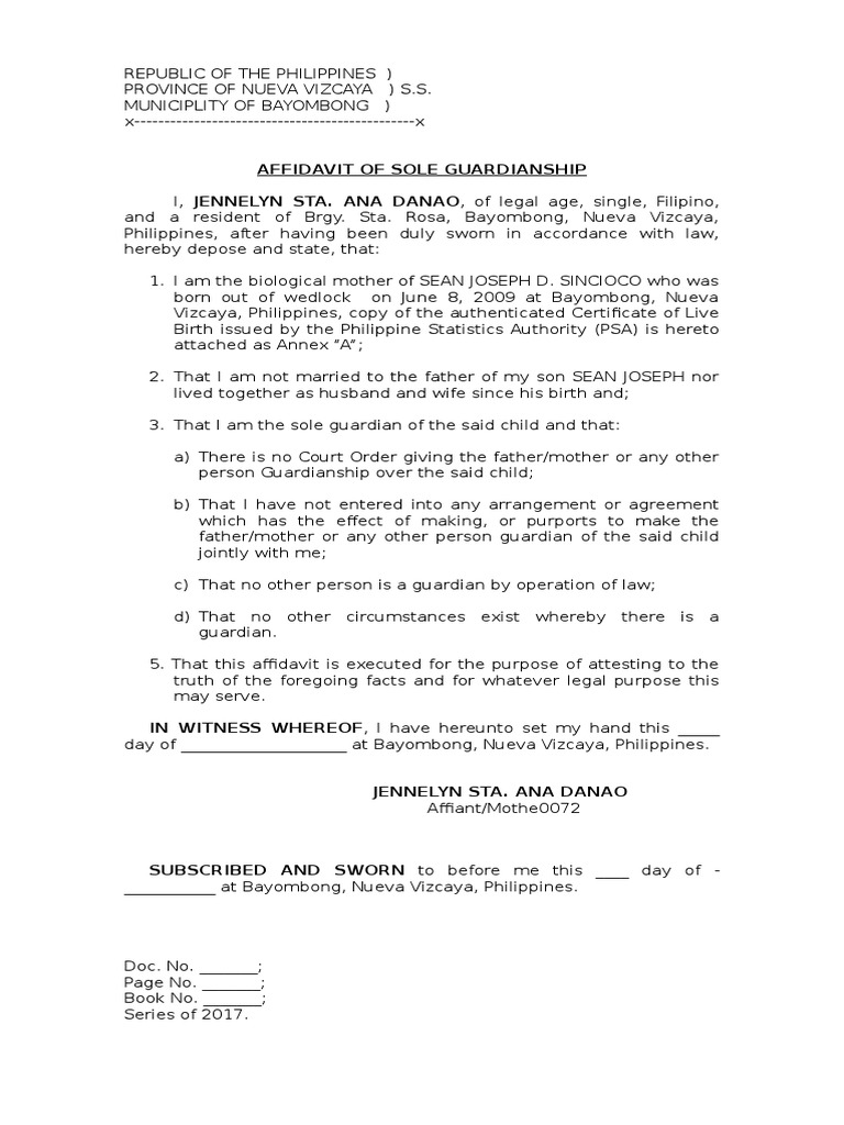 Aff. of Sole Guardianship Affidavit Family