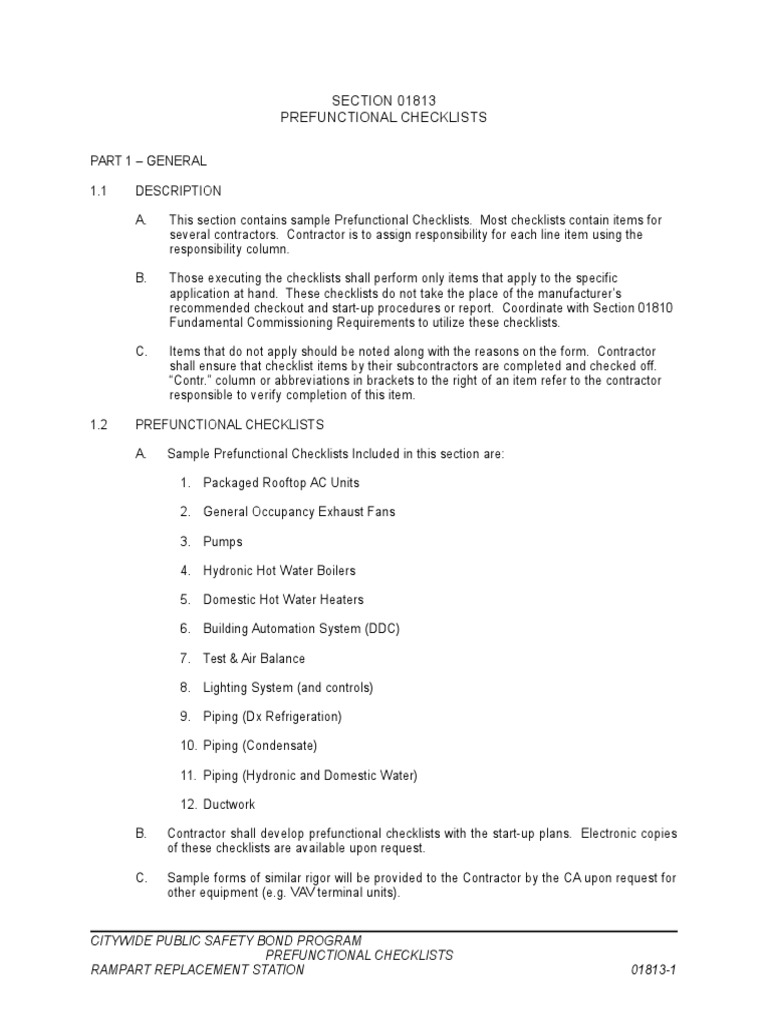 Prefunctional Checklists Overview | PDF | Calibration | Duct (Flow)