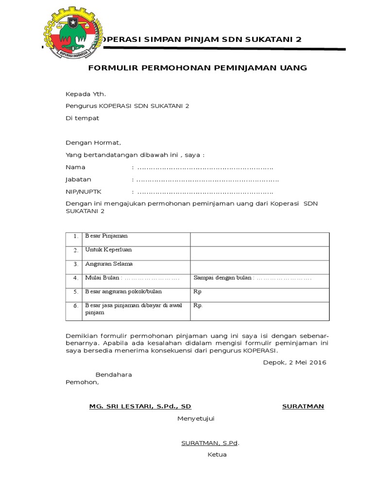 Formulir Pengajuan Pinjaman Koperasi | PDF