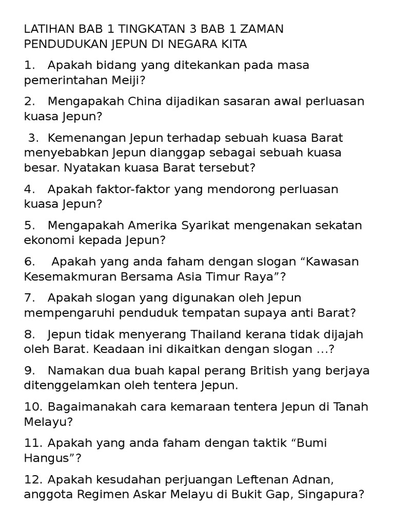 Latihan Subjektif Bab 1 Tingkatan 3 Bab 1 Zaman Pendudukan Jepun Di Negara Kita Pdf