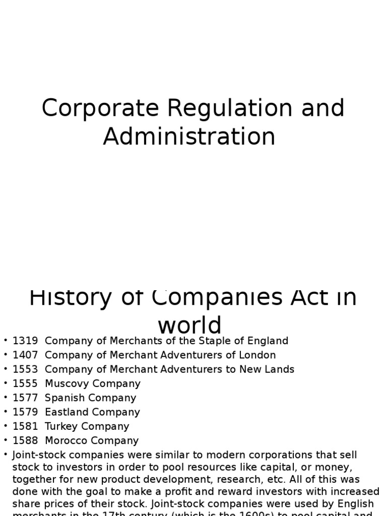 Corporate Regulation Overview and History | PDF | Joint Stock Company ...