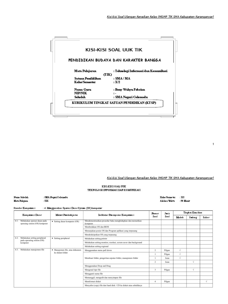 Kisi Kisi Soal Uuk Tik Sma Kls X Semester 2