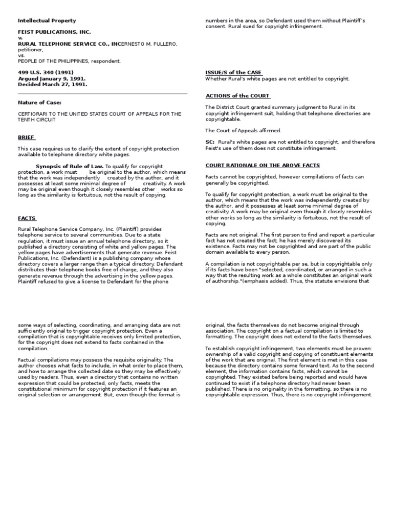 Feist v. Rural Telephone Service Co PDF Media Freedom Government