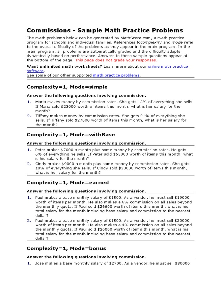 Commissions - Sample Math Practice Problems: Complexity 1, Mode Simple ...