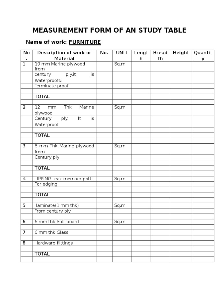 0measurement Form of An Study Table | PDF