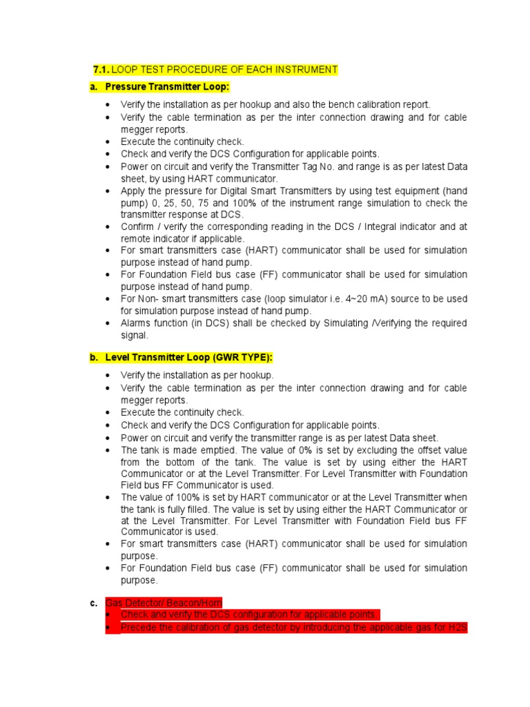 Loop Test Procedure of Each Instrument PDF Equipment Engineering