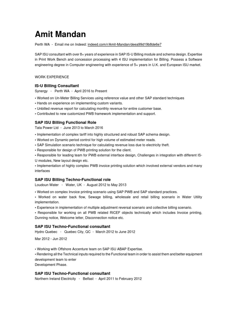 Amit Mandan ISU Billing Consultant PDF Invoice Sap Se