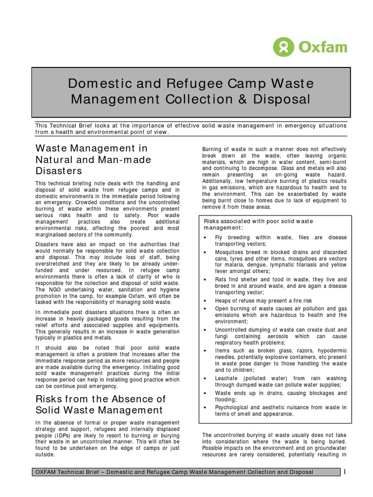 Domestic and Refugee Camp Waste Management Collection and Disposal