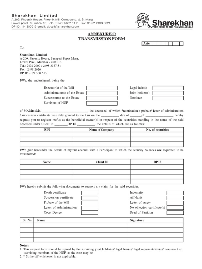 Annexure O Transmission Form Date To,