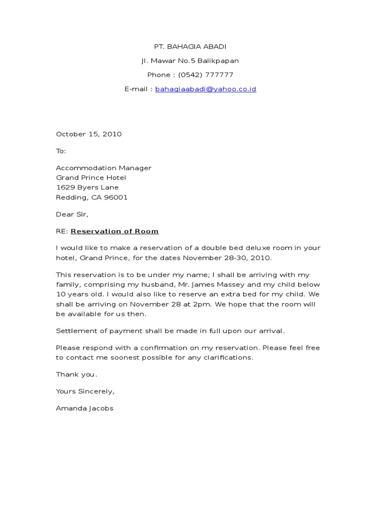 lettre de reservation hotel