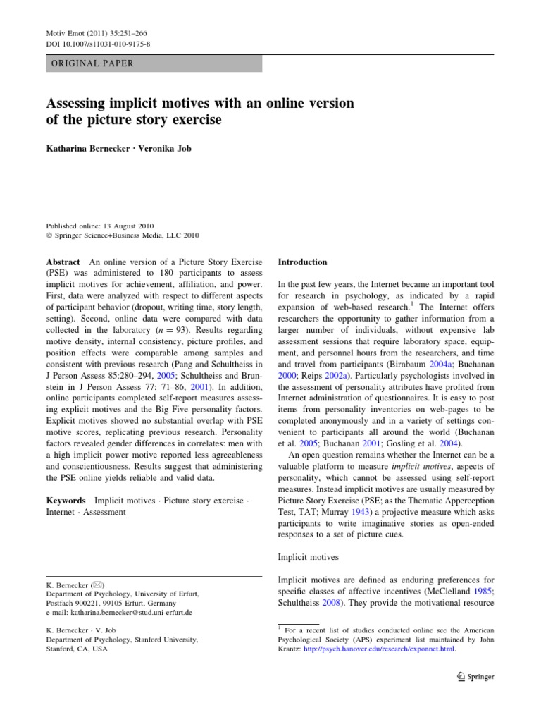 Assessing Implicit Motives With An Online Version | PDF | Motivation ...