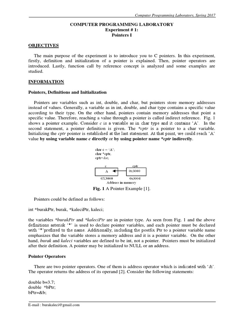 Computer Programming Laboratory Experiment # 1: Pointers I Objectives ...