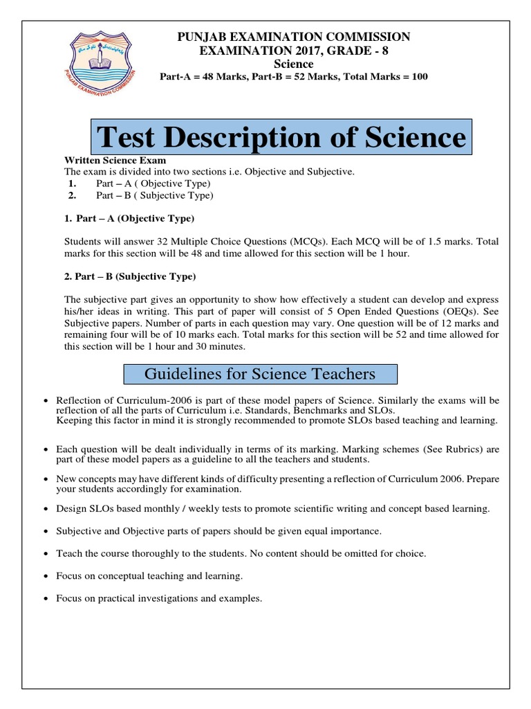 Test Description Guidelines For Teachers G8 2 | PDF