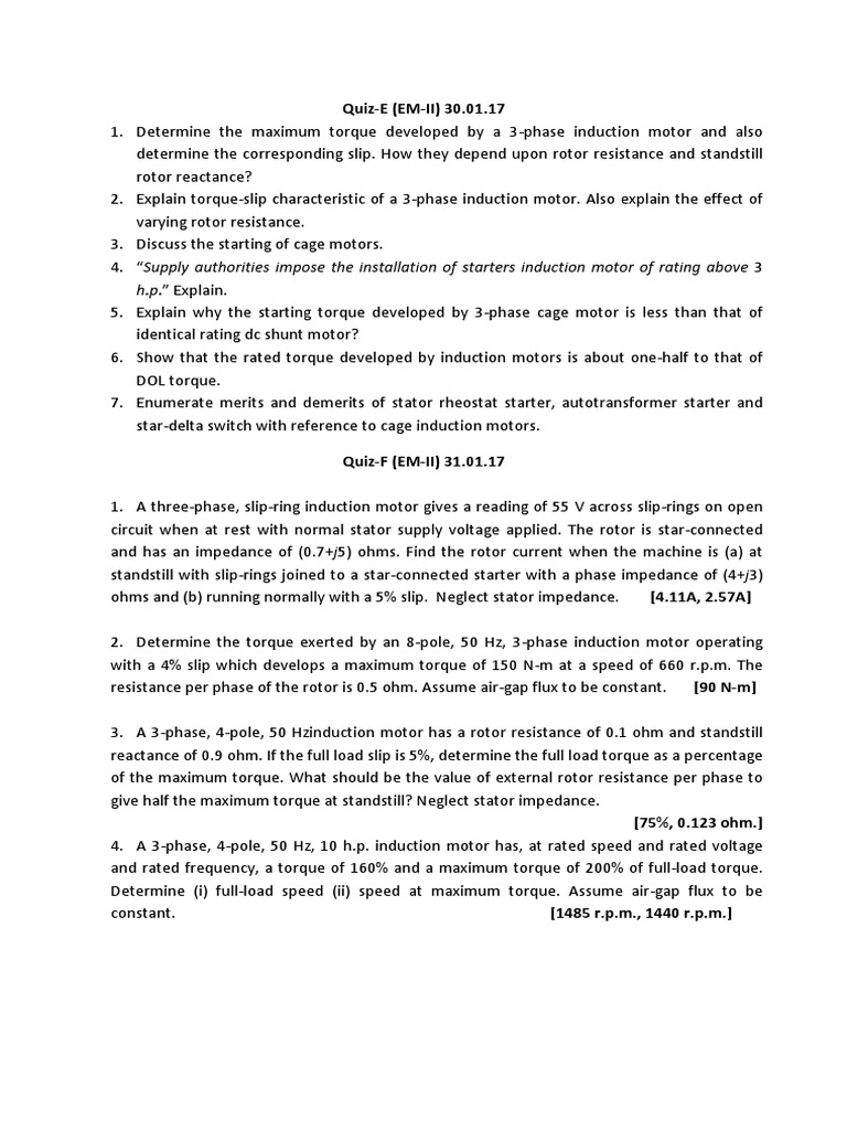 3Phase Induction Motor Quiz Questions PDF