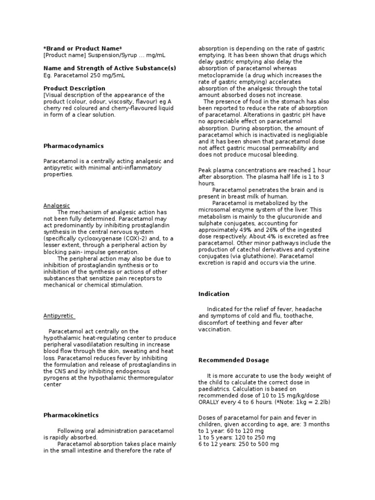 Paracetamol Package Insert PDF Fever Pharmacology