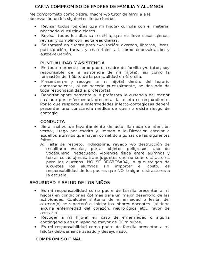 Carta Compromiso de Padres de Familia y Alumnos | PDF | Salud y ...