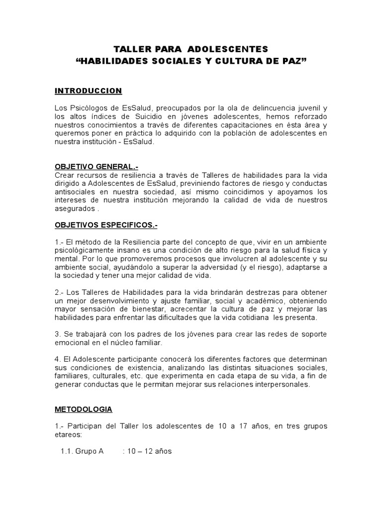 Taller de Habilidades Sociales para Adolescentes | PDF | Resiliencia ...